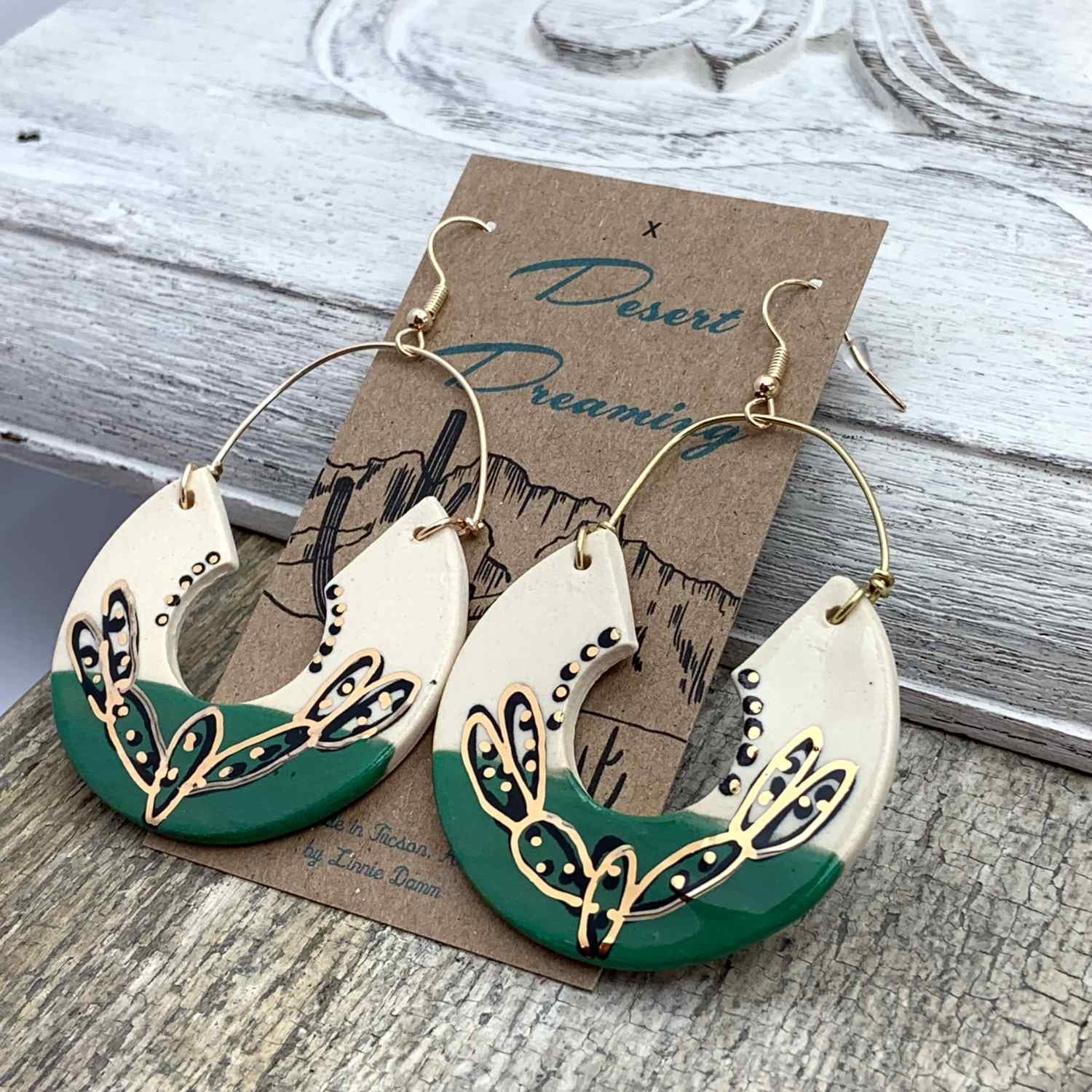 Tough Kitty Designs Green Gold Ceramic Southwest Arizona Desert Dreaming Prickly Pear Cactus Art Pottery Statement Jewelry Earrings