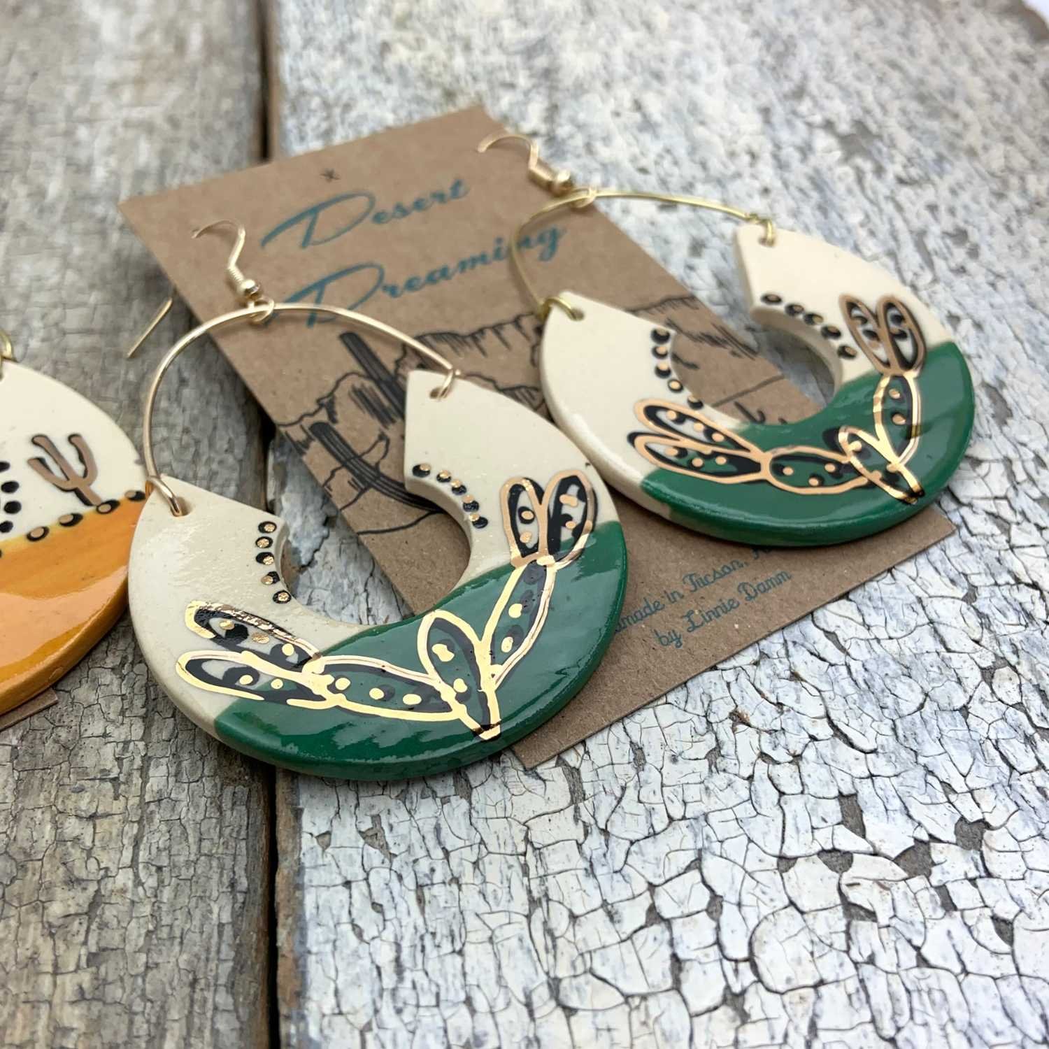 Tough Kitty Designs Boho Green Gold Southwest Arizona Desert Ceramic Clay Prickly Pear Cactus Wearable Art Pottery Jewelry Earrings
