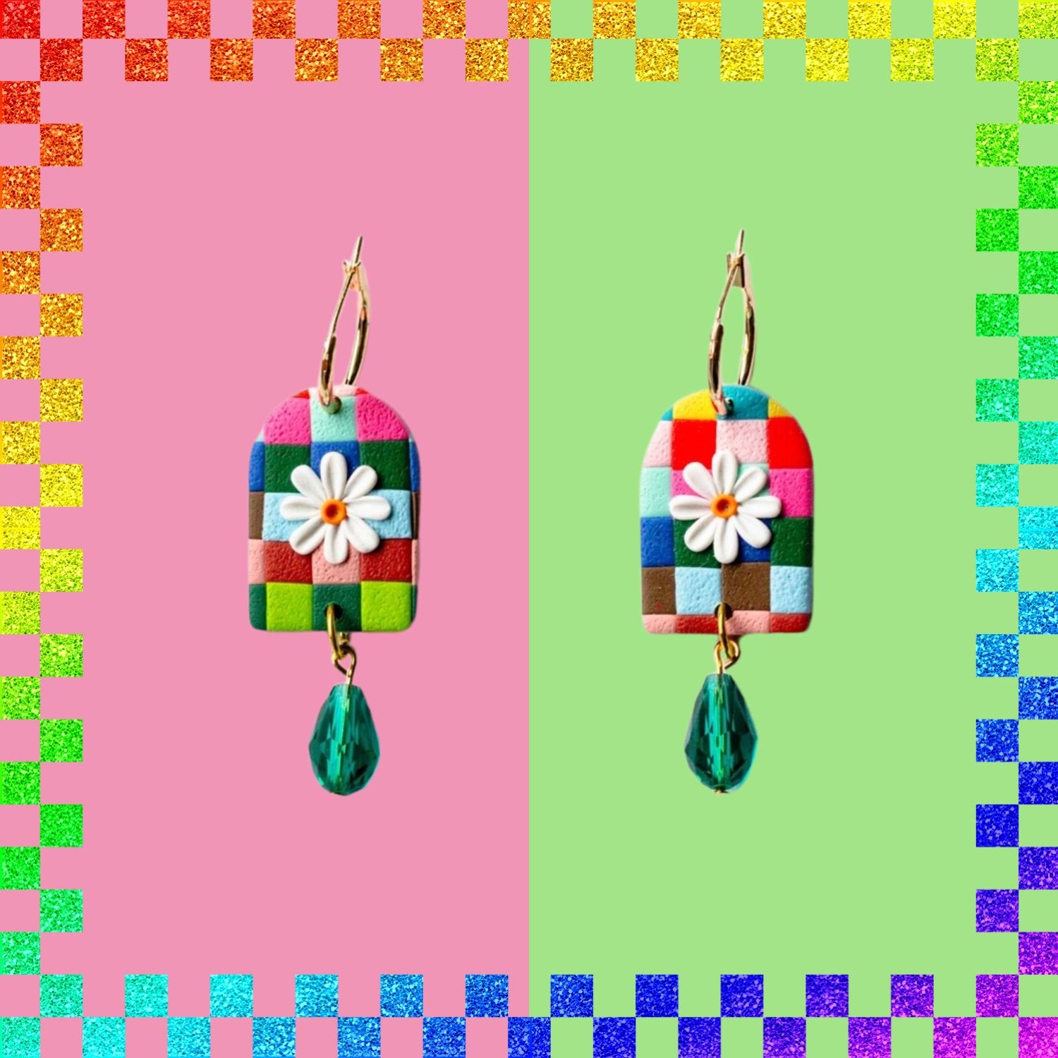 Slow Day Studios Polymer Clay Rainbow Checkerboard Daisy Flower Faceted Glass Teardrop Dangle Drop Charm Jewelry Hoop Earrings Hoops