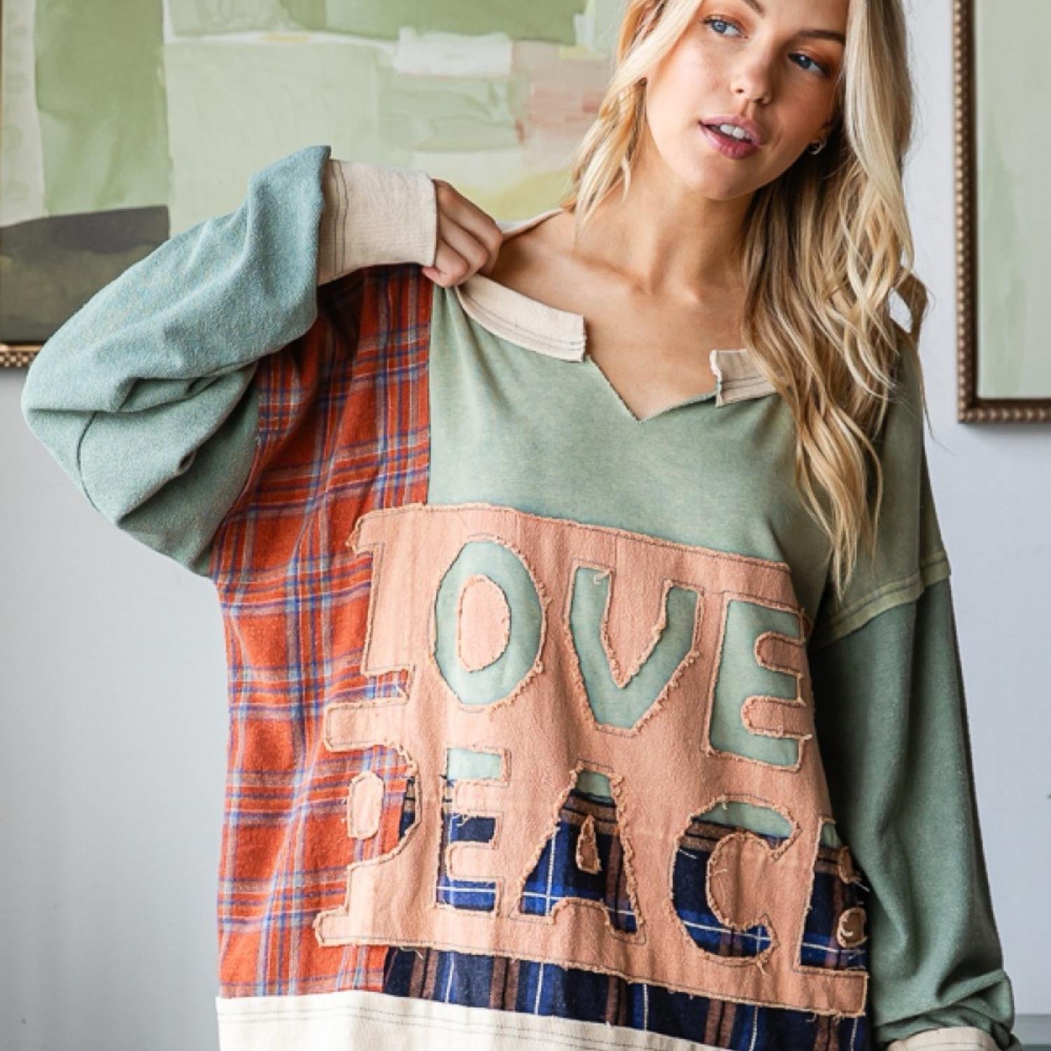 Oli And Hali Oversized Blue Green Sage Mineral Washed Mixed Print Plaid Patchwork Love And Peace Patched Patch Long Sleeve Pullover Top