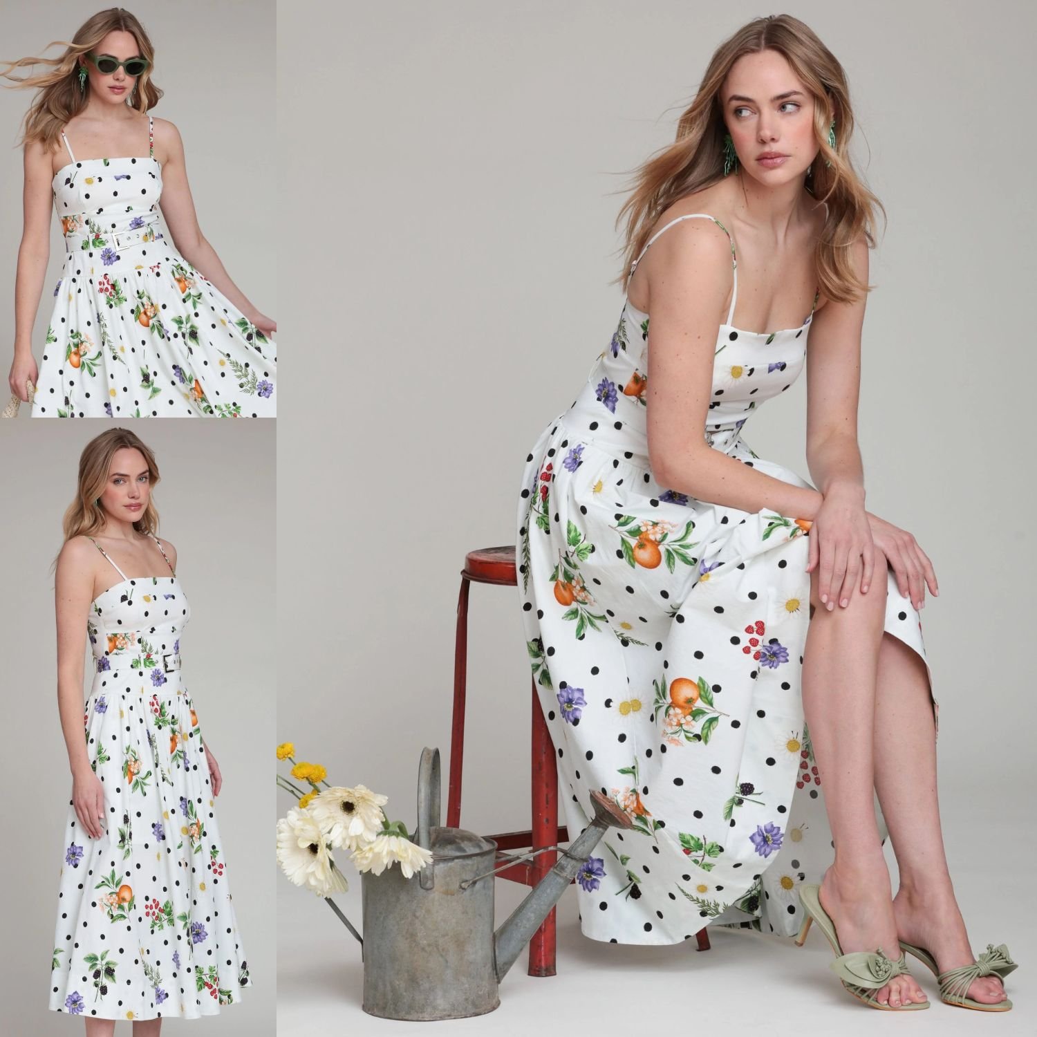 Avec Les Filles Vintage Style Floral Polka Dot Print Stretch Cotton Belted Midi Dress