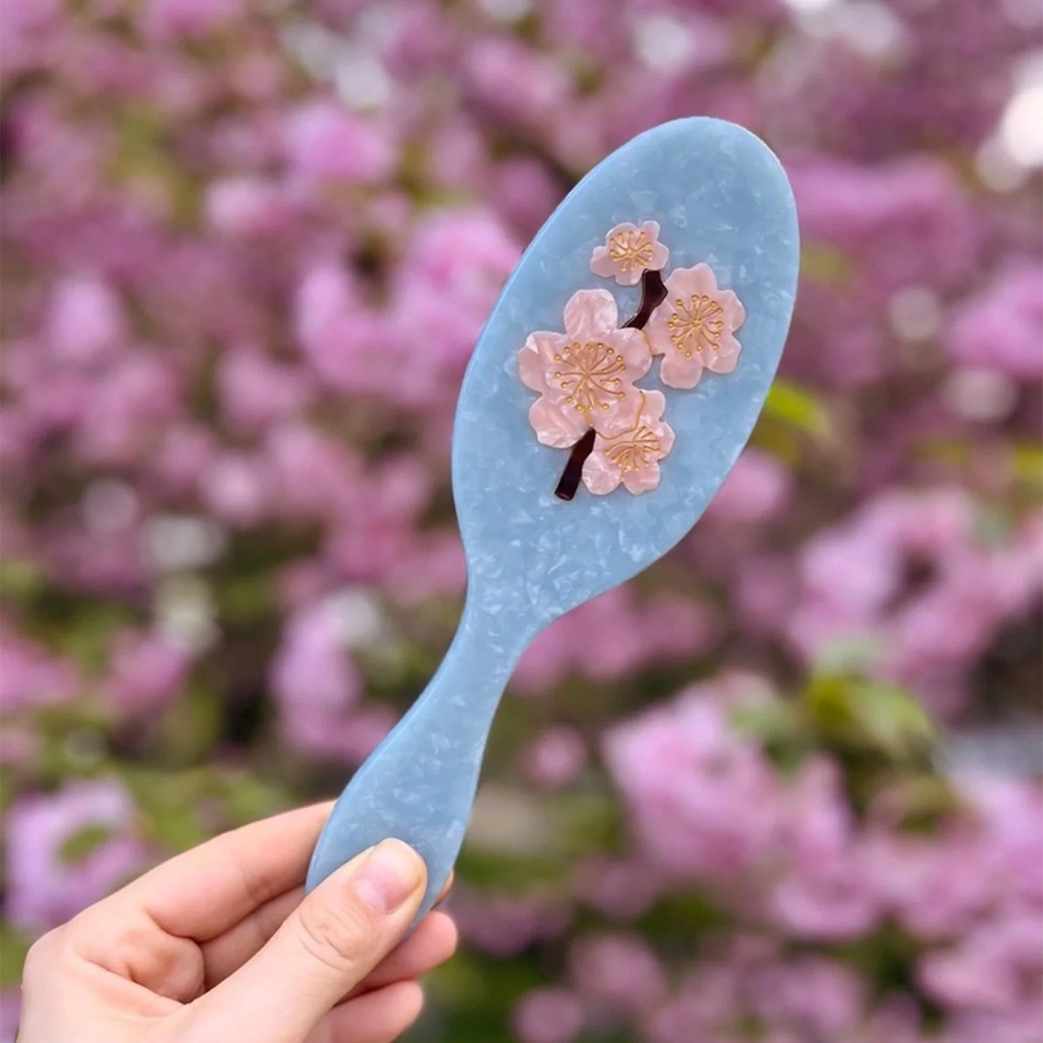 Solar Eclipse Hand Painted Pink Cherry Blossom Floral Amazing Hair Day Handmade Acetate Hair Brush Blue