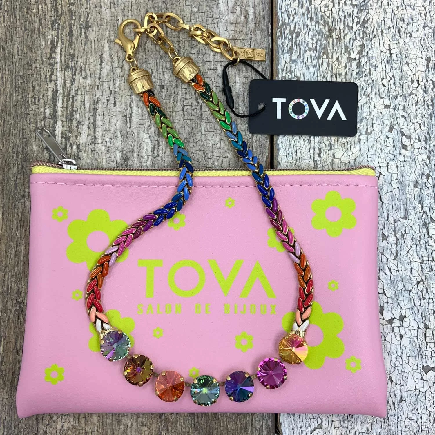 Tova Gold Plated Rainbow Enamel Rivoli Crystal Rhinestone Stacy Statement Bling Jewelry Necklace Bohemian Wonderland