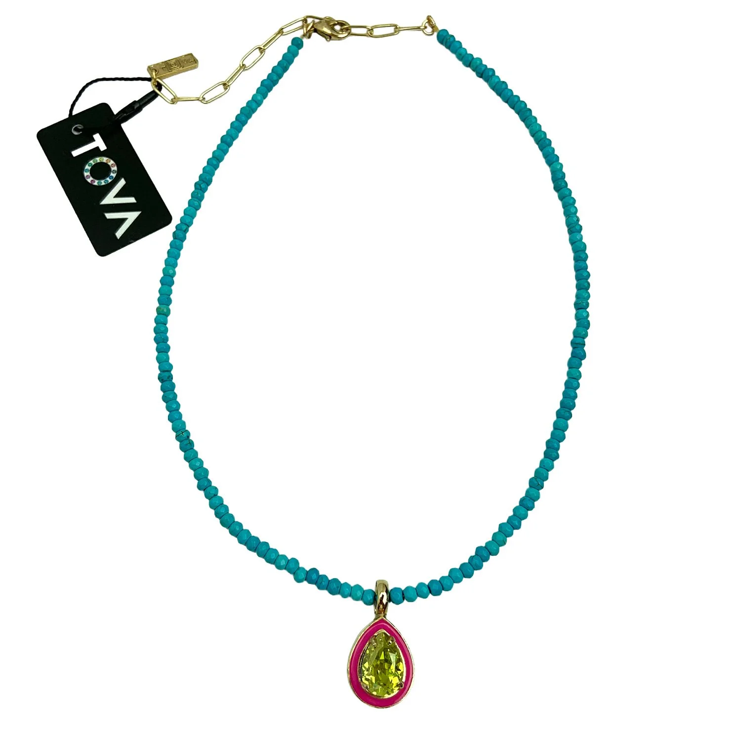 Tova Dakota Crystal Rhinestone Enamel Pendant Beaded Jewelry Necklace Pink