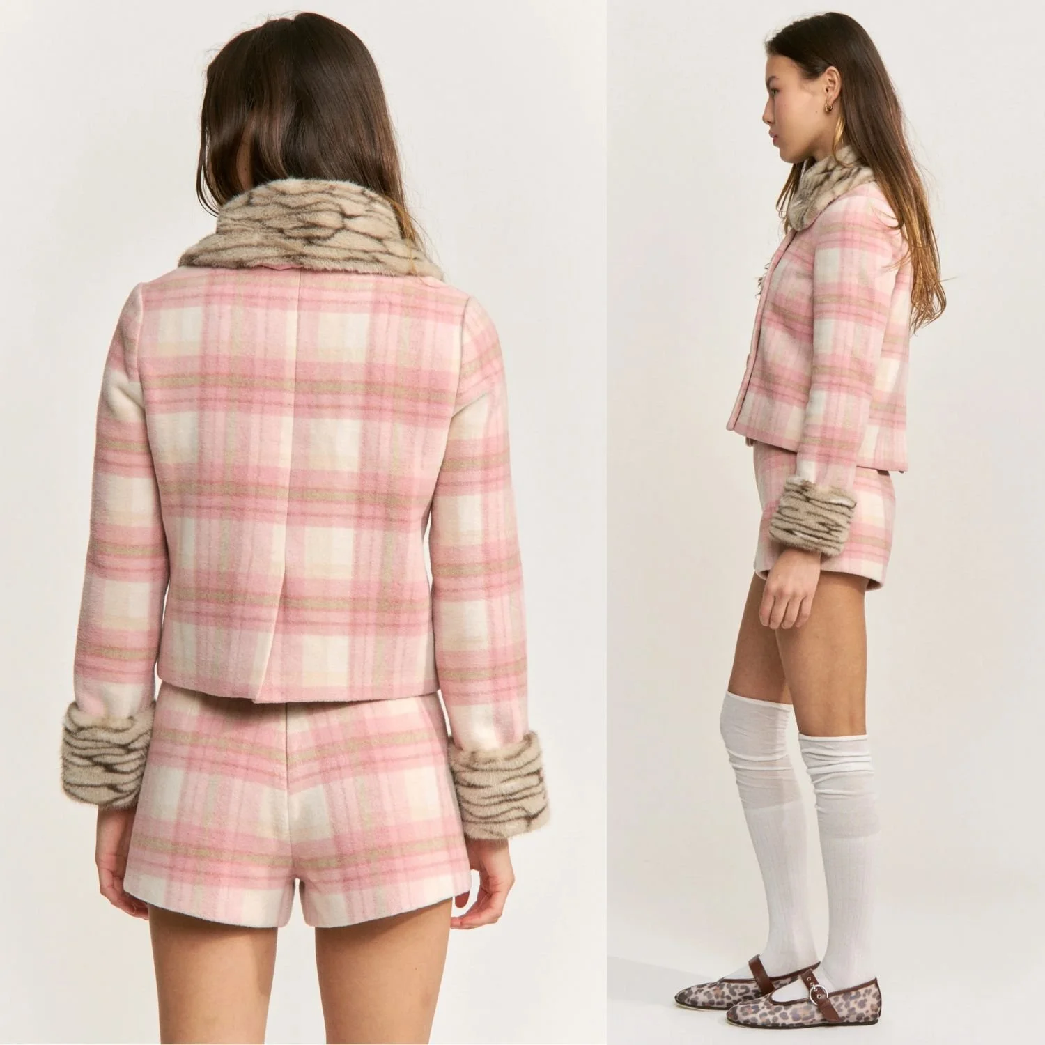Jacquie The Label Kemper Pink Plaid Faux Fur Trim Double Breasted Wool Blend Cropped Jacket That Matches Kemper Shorts