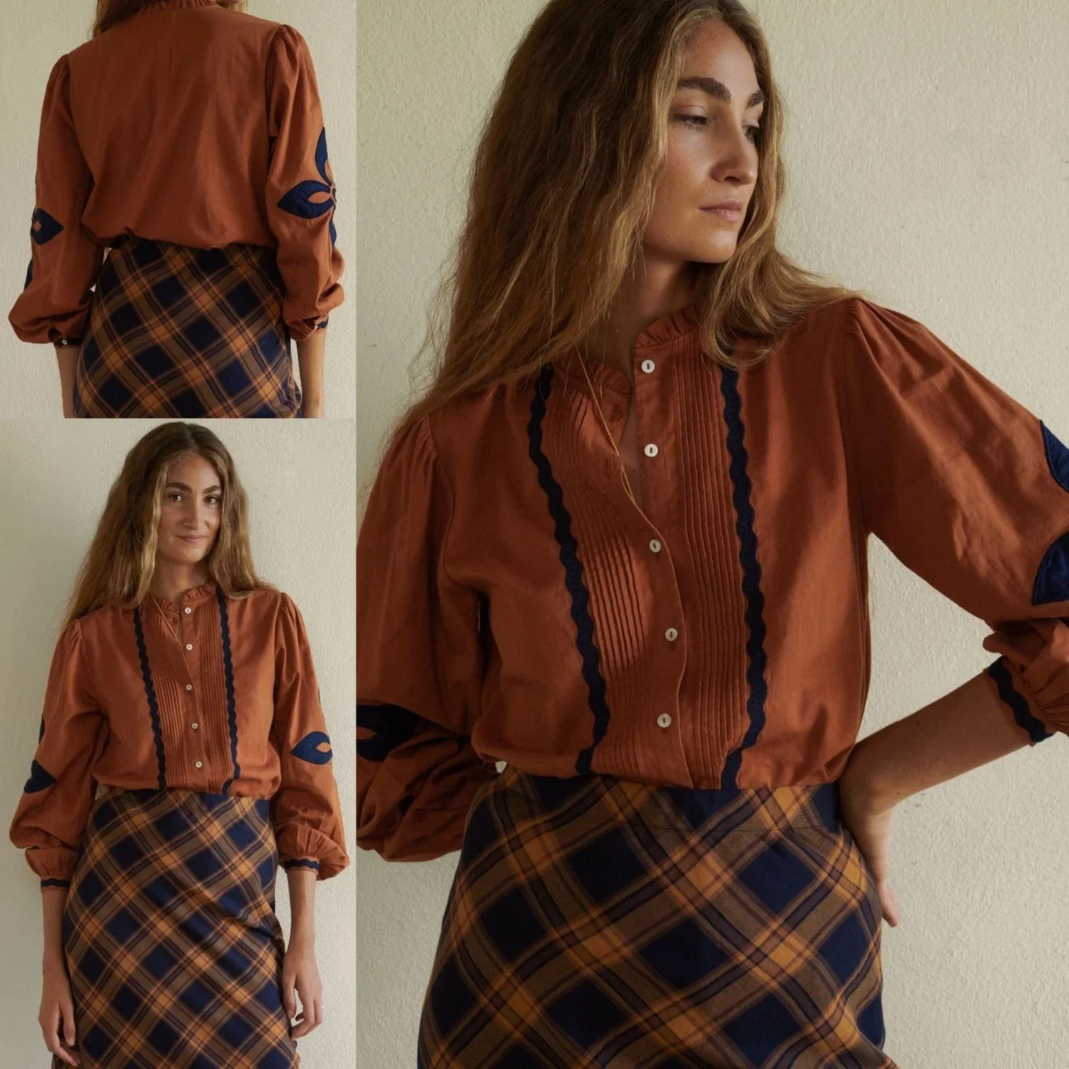 Sonmer Leonor Embroidered Floral Appliqué Embroidery Blouson Sleeve Button Up Cotton Blouse Top In Golden Brown Caramel