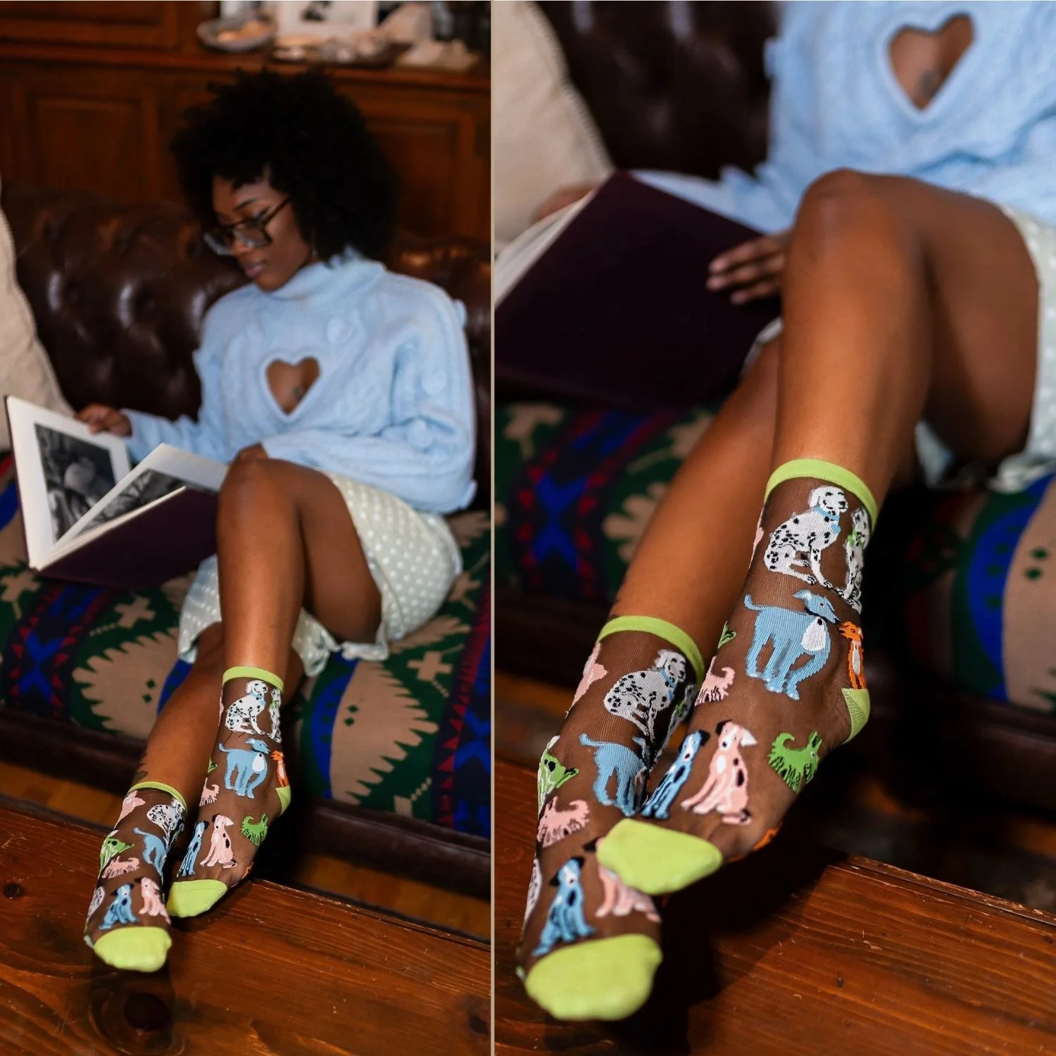 Sock Candy Cute Dopamine Dogs Dog Graphic Print Black Sheer Crew Sock