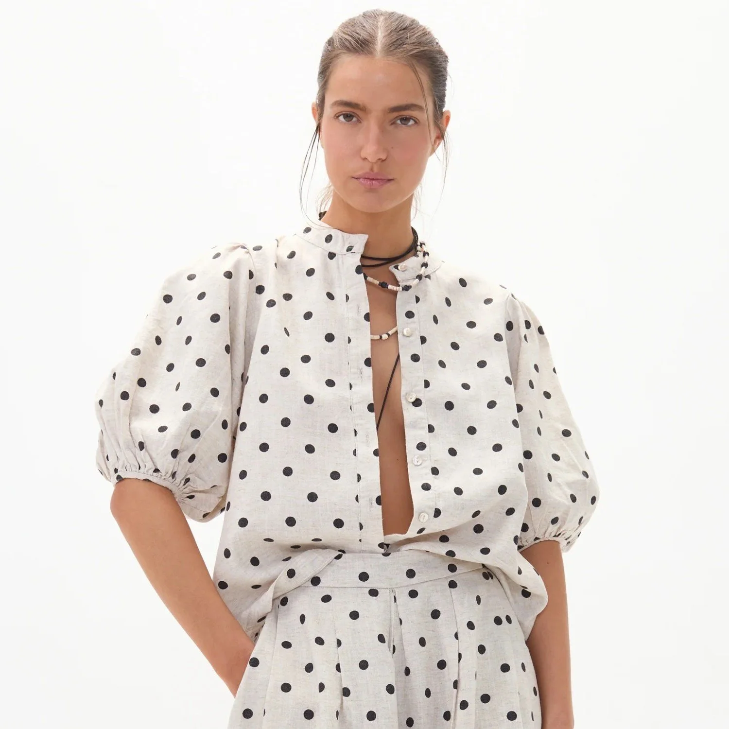 LANHTROPY Bubble Linen Shirt in Natural with Black Polka Dots