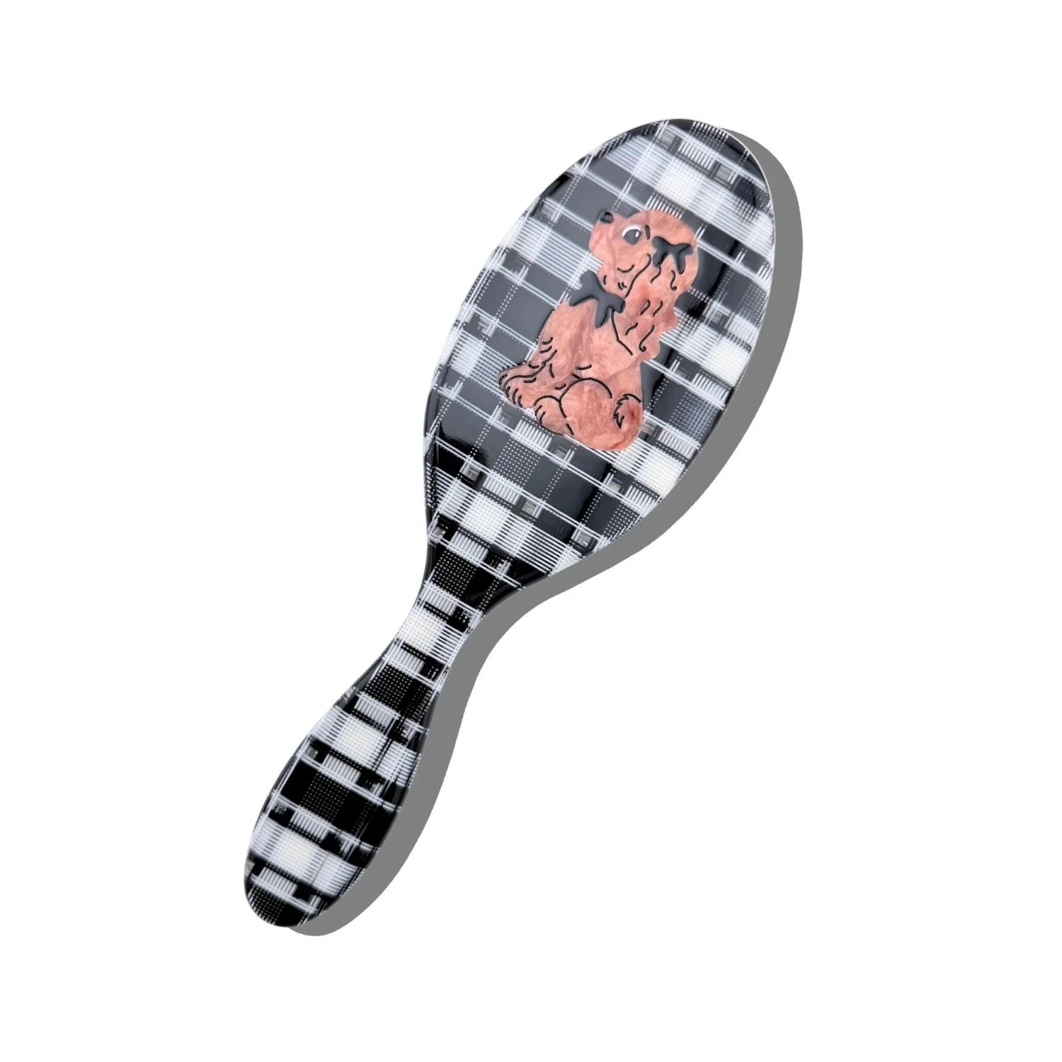 Solar Eclipse Hand Painted Coquette Bow Spaniel Puppy Dog Amazing Hair Day Hair Brush Black And White Plaid