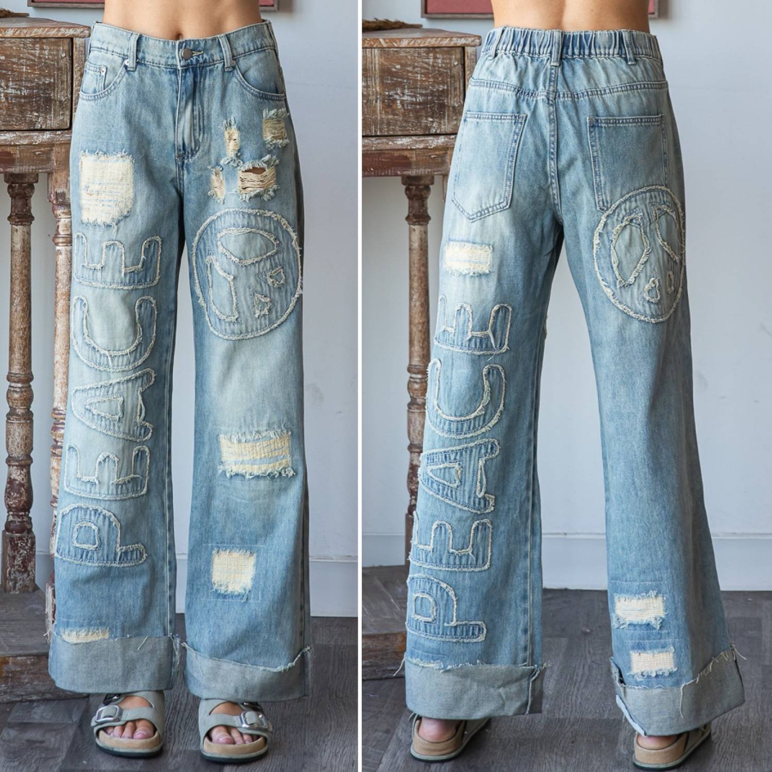 Oli And Hali Distressed Mineral Wash Denim Peace Patched Symbol And Letters High Rise Wide Leg Peace Sign Patch Jean Jeans Pants