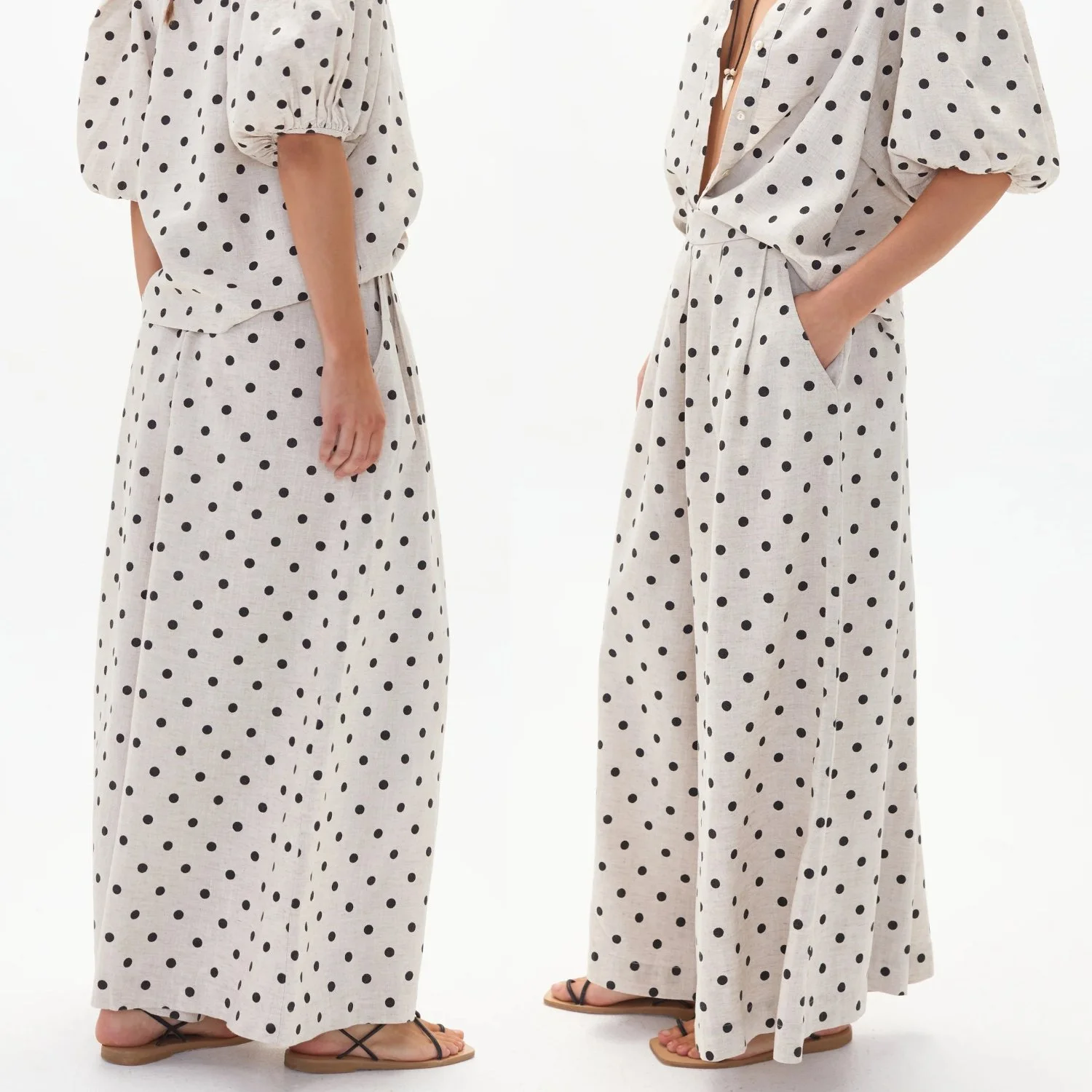 Lanhtropy Sabi Linen Wide Leg Pants In Natural Linen With Black Polka Dots