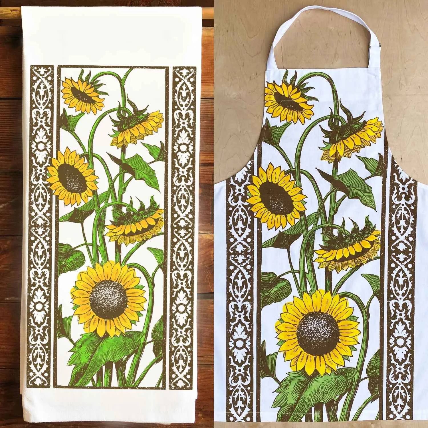 Sunflower Cotton Floral Block Print Adult Apron Shown With Matching Sunflower Towel