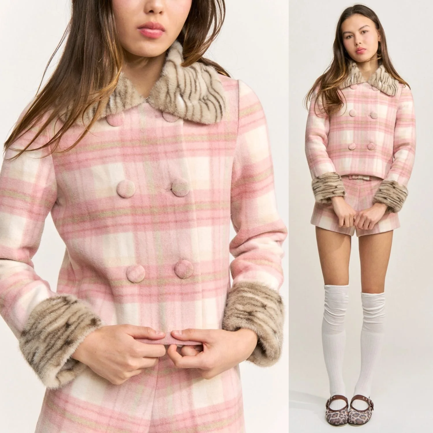 Jacquie The Label Kemper Pink Plaid Faux Fur Trim Double Breasted Wool Blend Cropped Jacket Coat