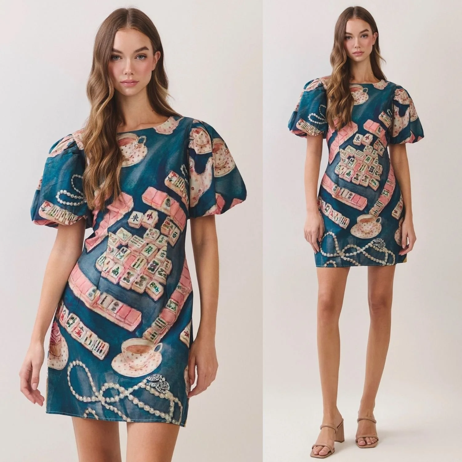 Mahjong Print Cotton Puff Sleeve Mini Dress