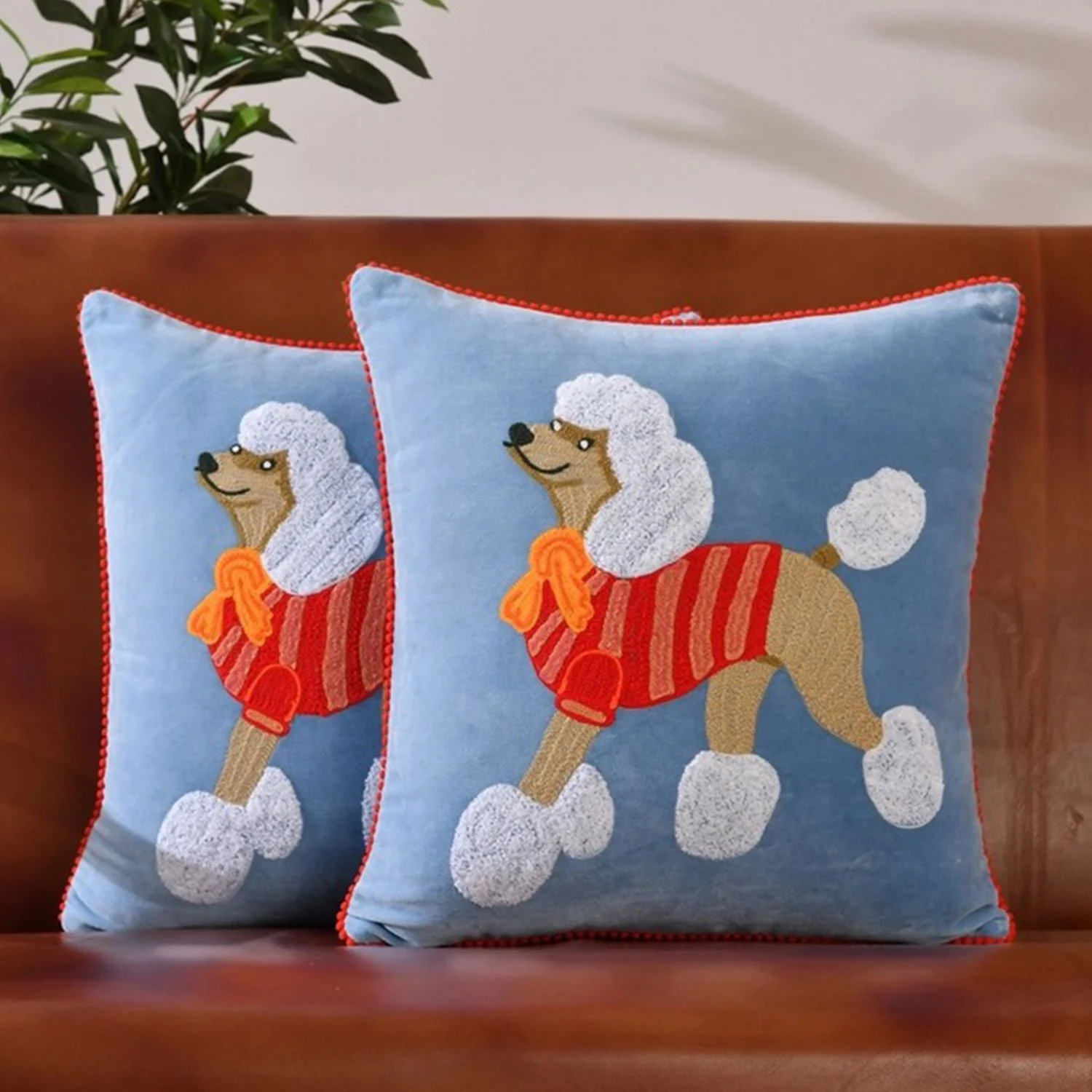 Karma Living Retro Vintage Inspired Embroidered Prancing Poodle Dog Home Decor Throw Pillow Cushion Shown As Set Of Two On Sofa