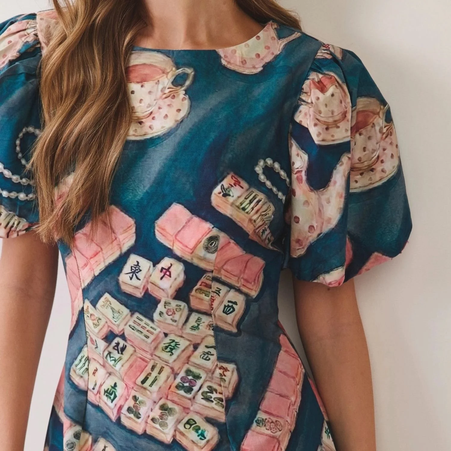 Mahjong Print Cotton Puff Sleeve Mini Dress Close Up Of Bodice And Short Puff Sleeves