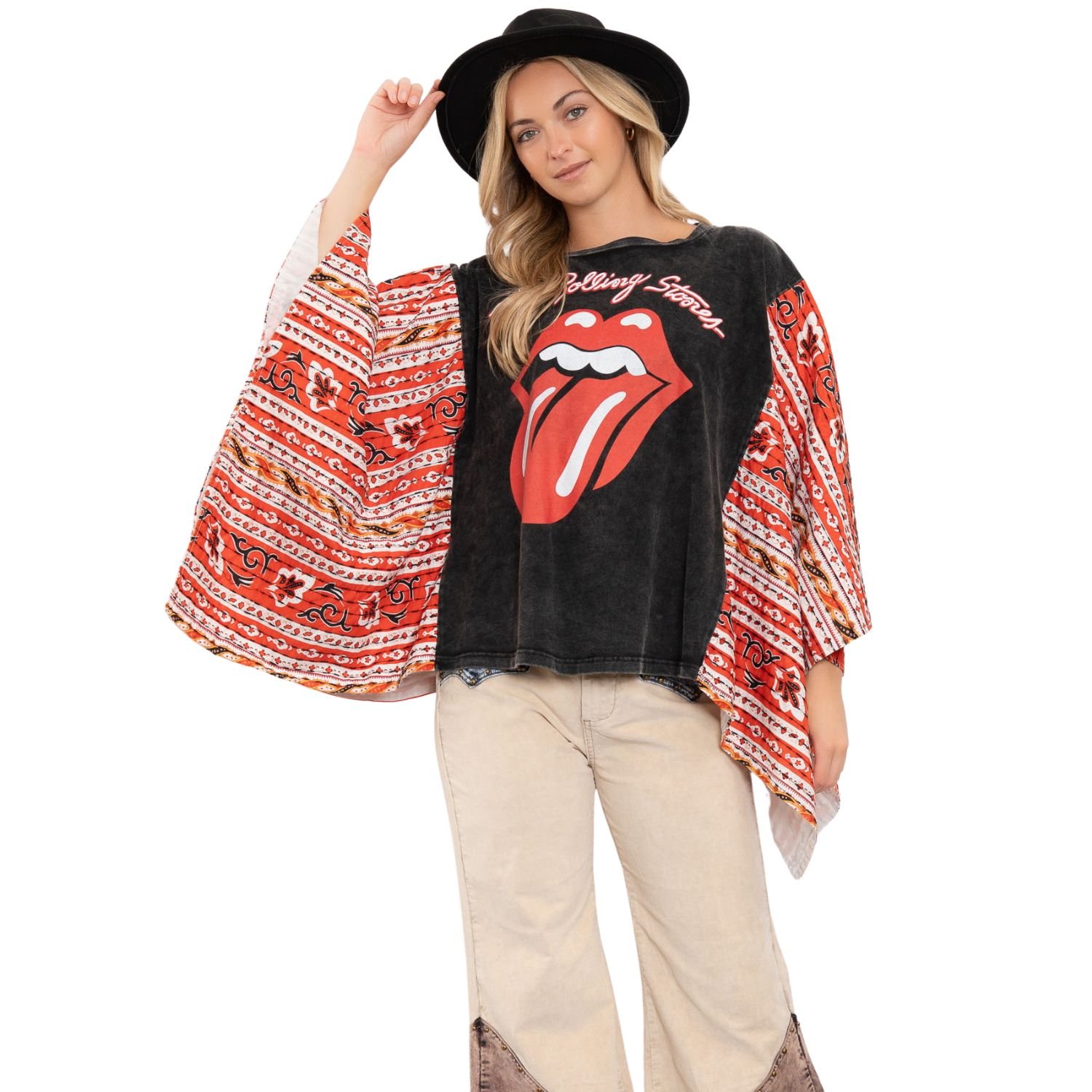 Blue Velvet Rolling Stones Inspired Vintage Style Rock Band Boho Festival Fashion Graphic Poncho Top