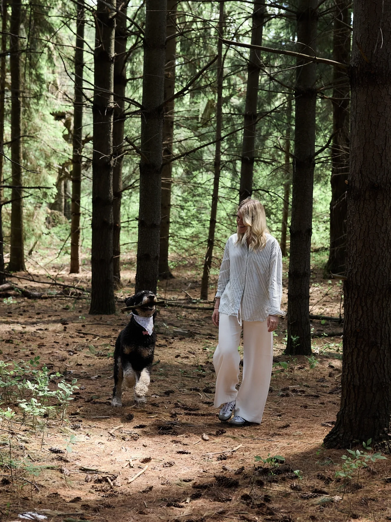 Katelyn a therapist at Ripple Effect Psychotherapy walking through a wooded tree pathway with her dog, Bailey, who is holding a stick and jumping.