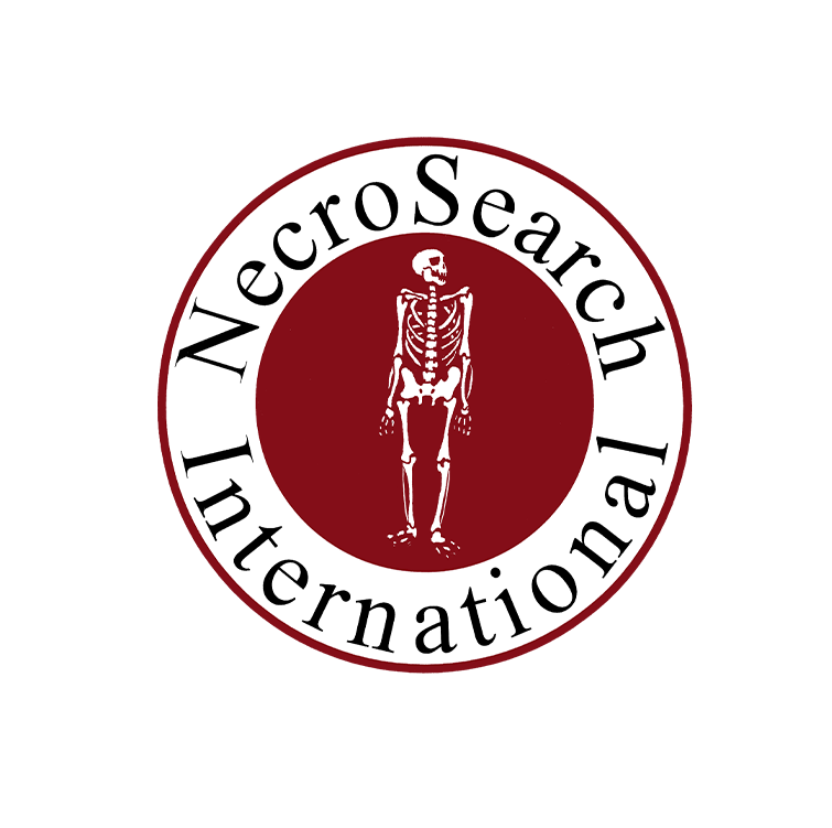 Logo for NecroSearch International featuring a human skeleton in the center and the organization name circling around it.