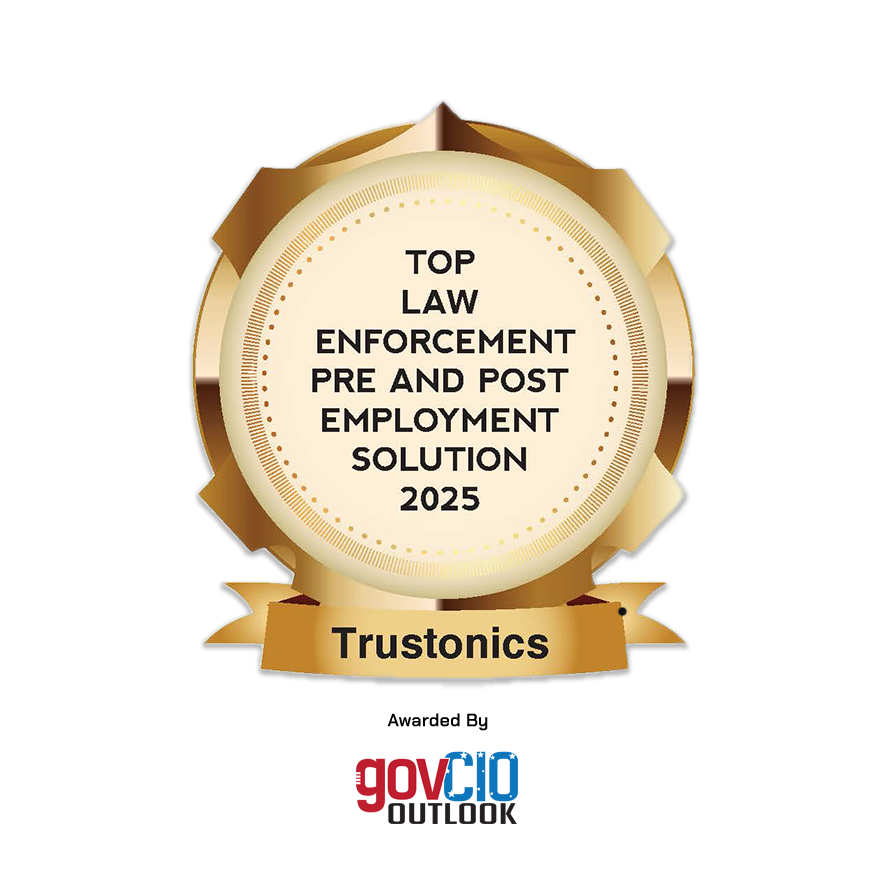 Gold medal badge with black text that reads "Top law enforcement pre and post employment solution 2025" and a ribbon with the word "Trustonics" below. The medal has a black background.