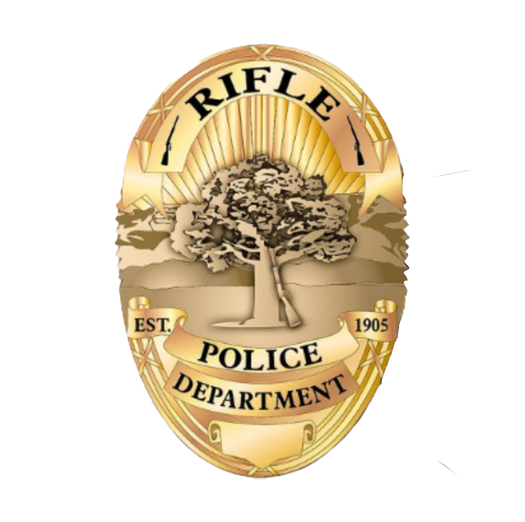 Rifle Police Department badge featuring a tree, sun rays, and text indicating establishment in 1905.
