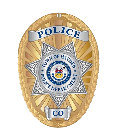 Badge of the Town of Hayden Police Department, Colorado, featuring a gold star with a central seal, surrounded by a gold wreath, with the words 'POLICE' and 'CO' on ribbons.