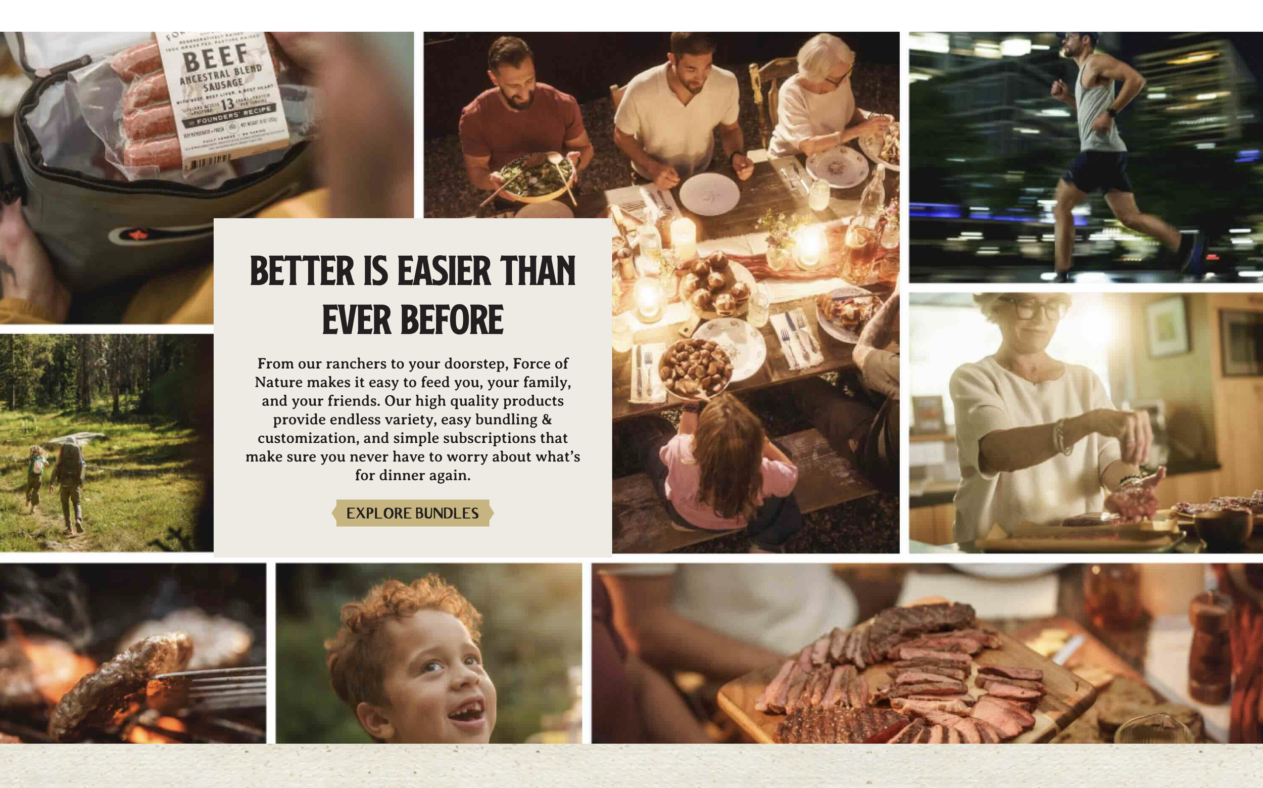 A collage of images showing people enjoying outdoor activities, family gatherings, running at night, cooking, children playing outdoors, and a close-up of sliced cooked meat. In the center, a text overlay promotes a food subscription service with the headline "Better is easier than ever before" and a call-to-action button labeled "Explore Bundles."