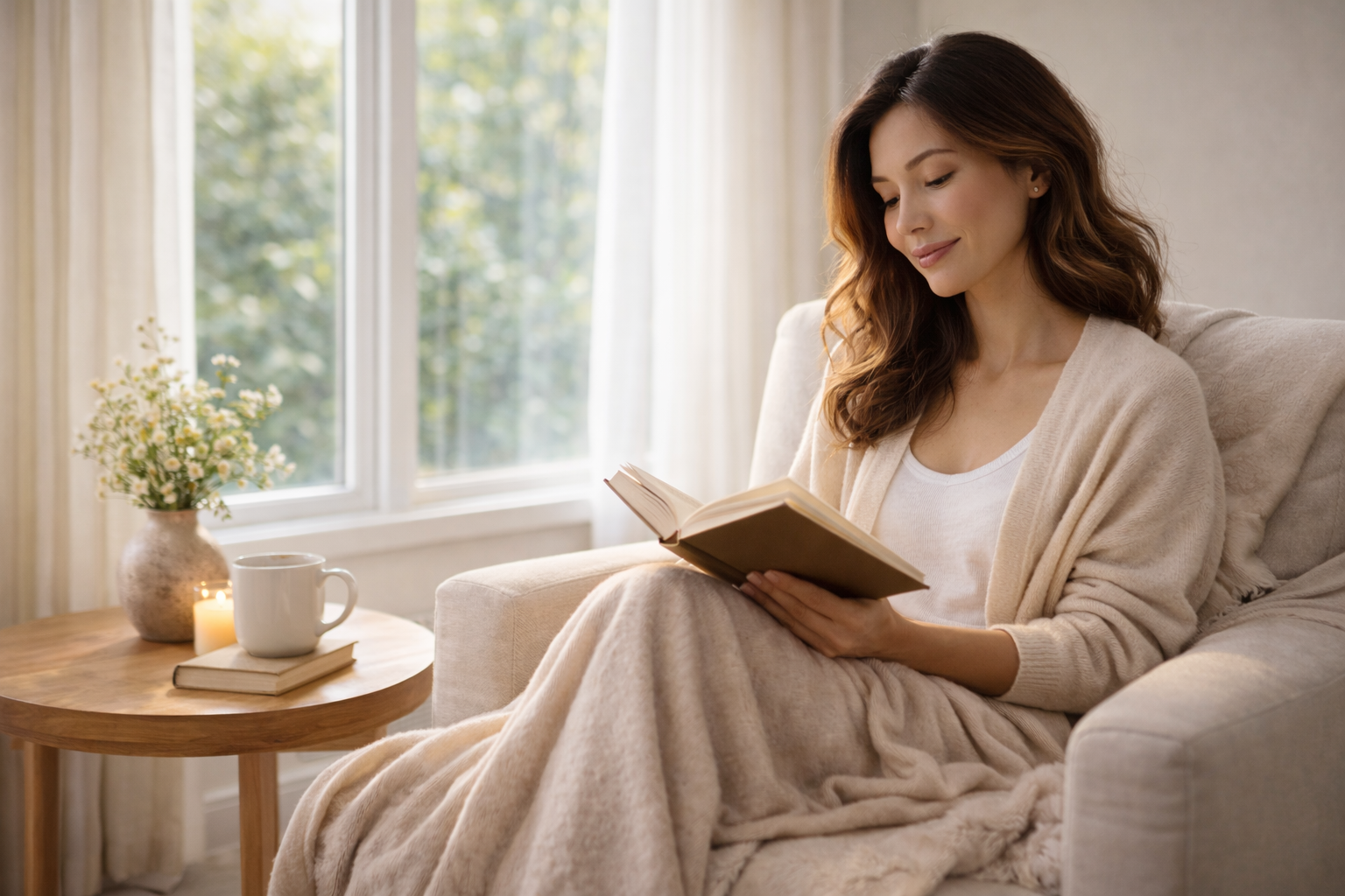 A woman with brown hair sitting on a beige couch, reading a book in a bright living room with a window and greenery outside.