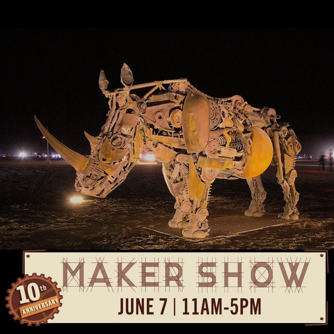 Come to the Maker Show on June 7th to be mesmerized by the scale, innovation and interactivity of Rhinoceros, a metal sculpture by @crawfordmetalworks.

Standing 17 feet tall, Rhinoceros was made largely from found objects that were either pulled fro