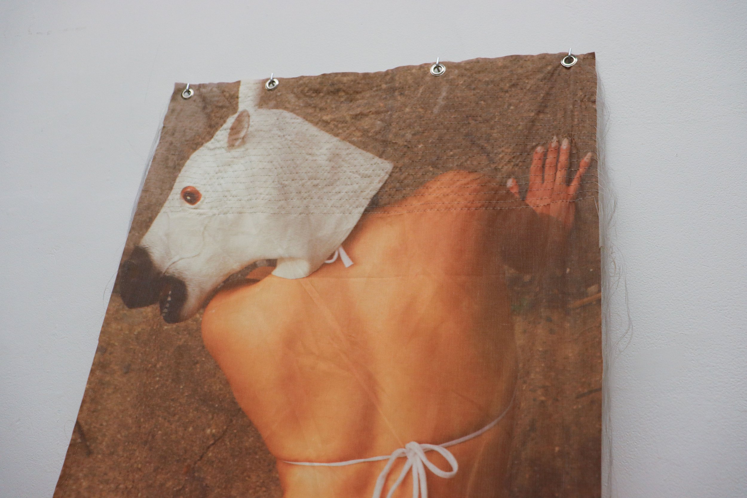 Mare, 2x26, documentation of performance on sublimation dyed linen & polyester blend, dirt, hay, and thread