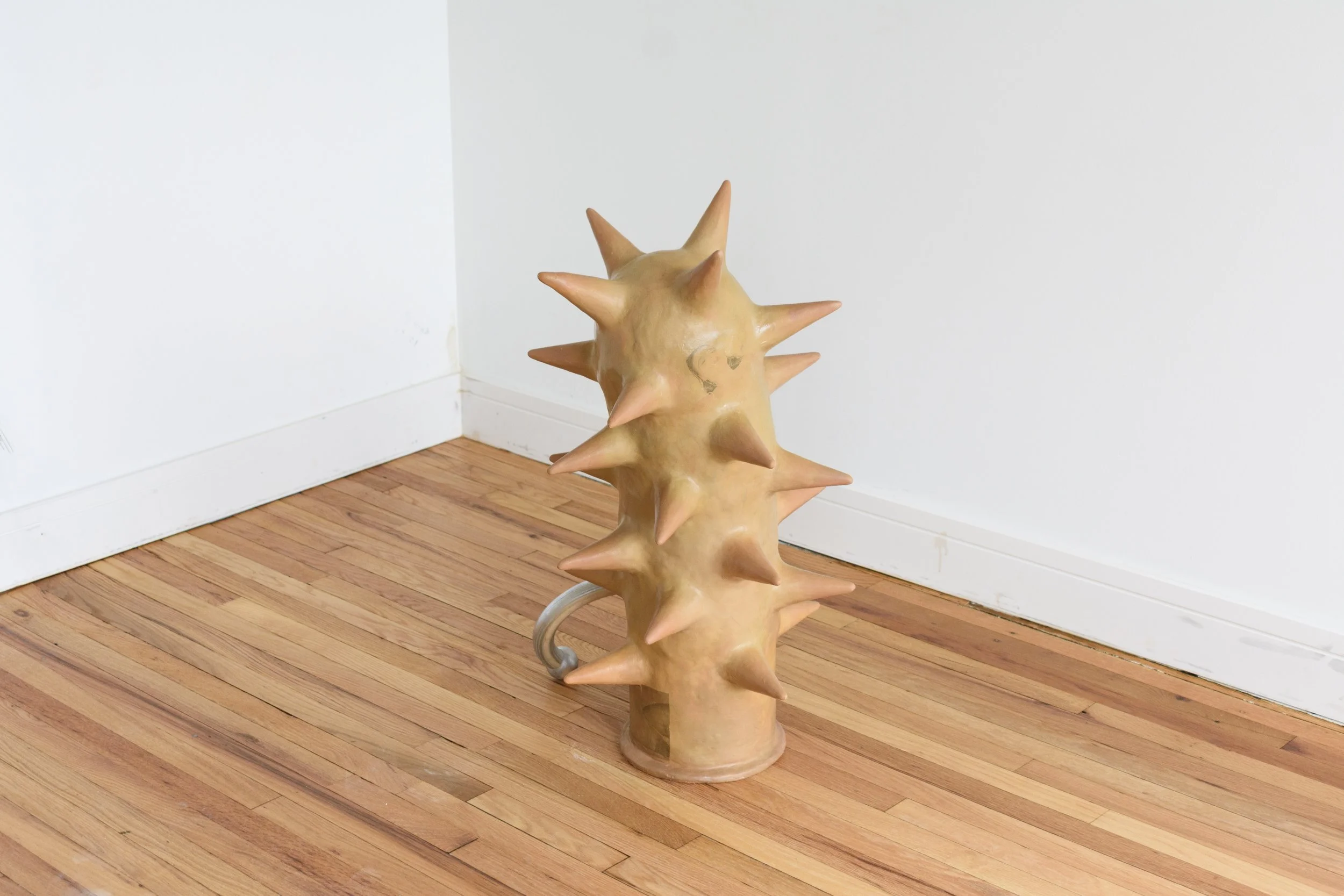 Please do not fault your dog for his nature, 36" x 14" x 16.5", wood, foam, plaster, oil medium, plastic, latex, printer ink