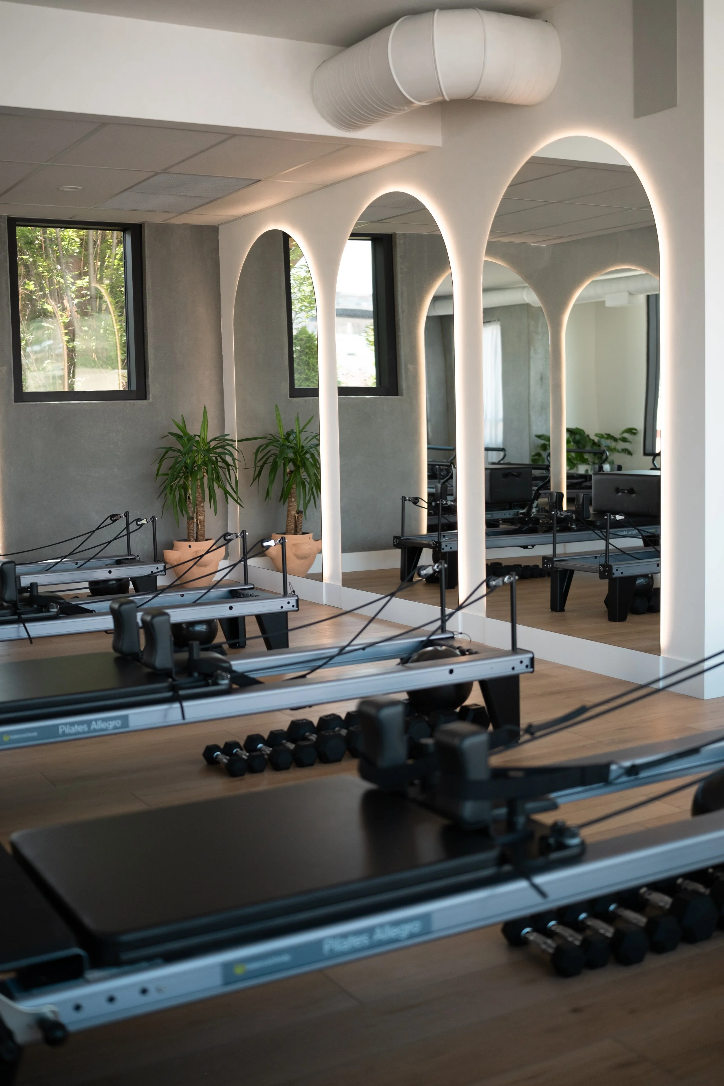 Pilates studio with reformer machines, large mirrors, potted plants, and windows showing greenery outside.
