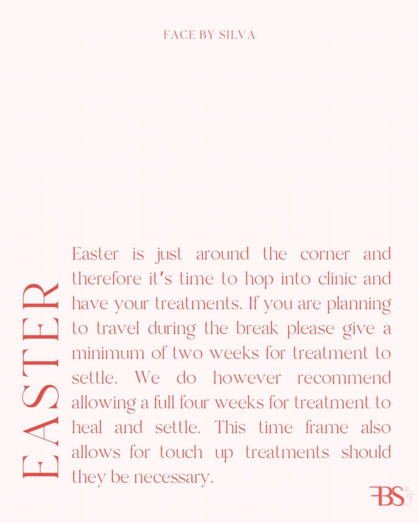 Easter is just around the corner and therefore it&rsquo;s time to hop into clinic and have your treatments!

Head to the link in our bio or use the details below to secure your spot and beat the Easter rush. 

FACE BY SILVA
Location details below ⬇️ 