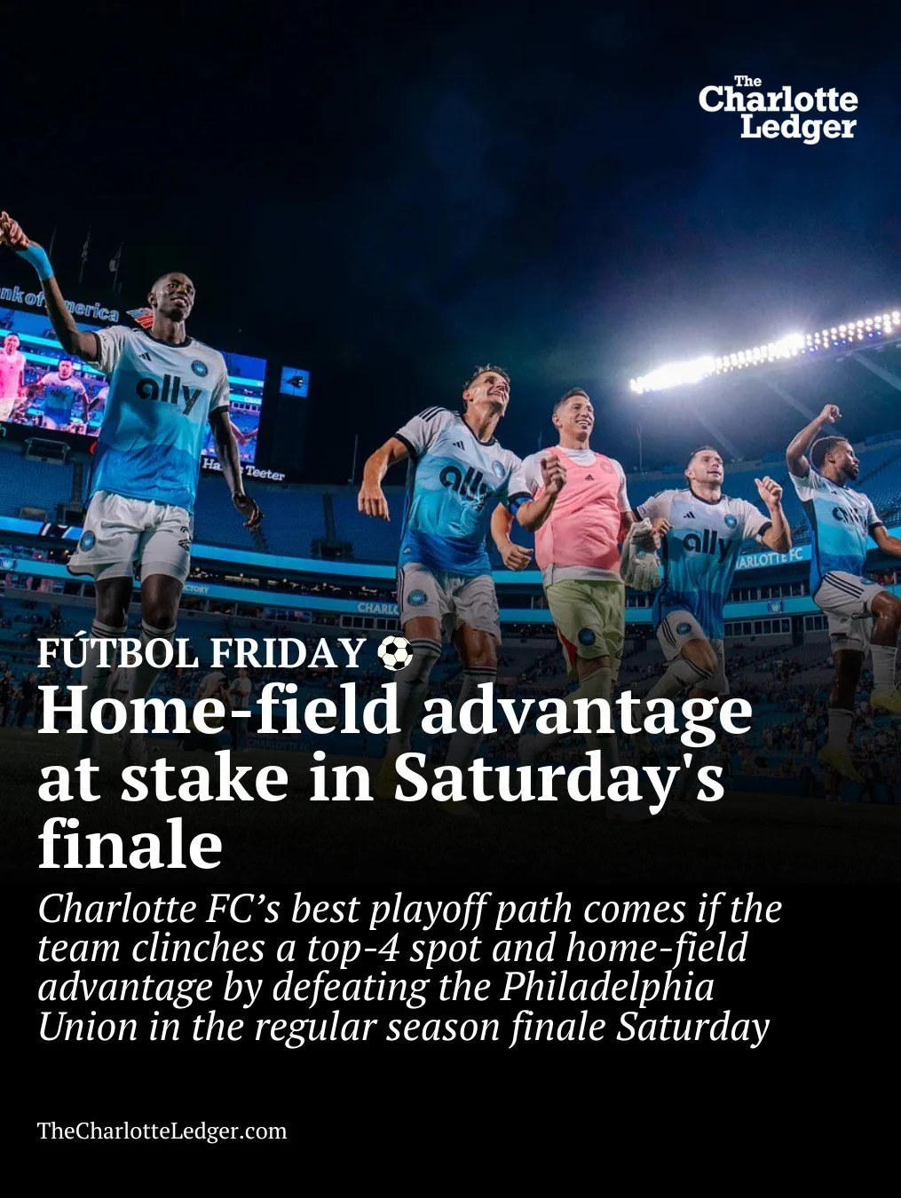 Charlotte FC can lock in a top-4 playoff spot — and crucial home-field advantage — with a win over the Philadelphia Union in Saturday’s regular season finale.
A victory would give the Crown two home games in the first-round series,