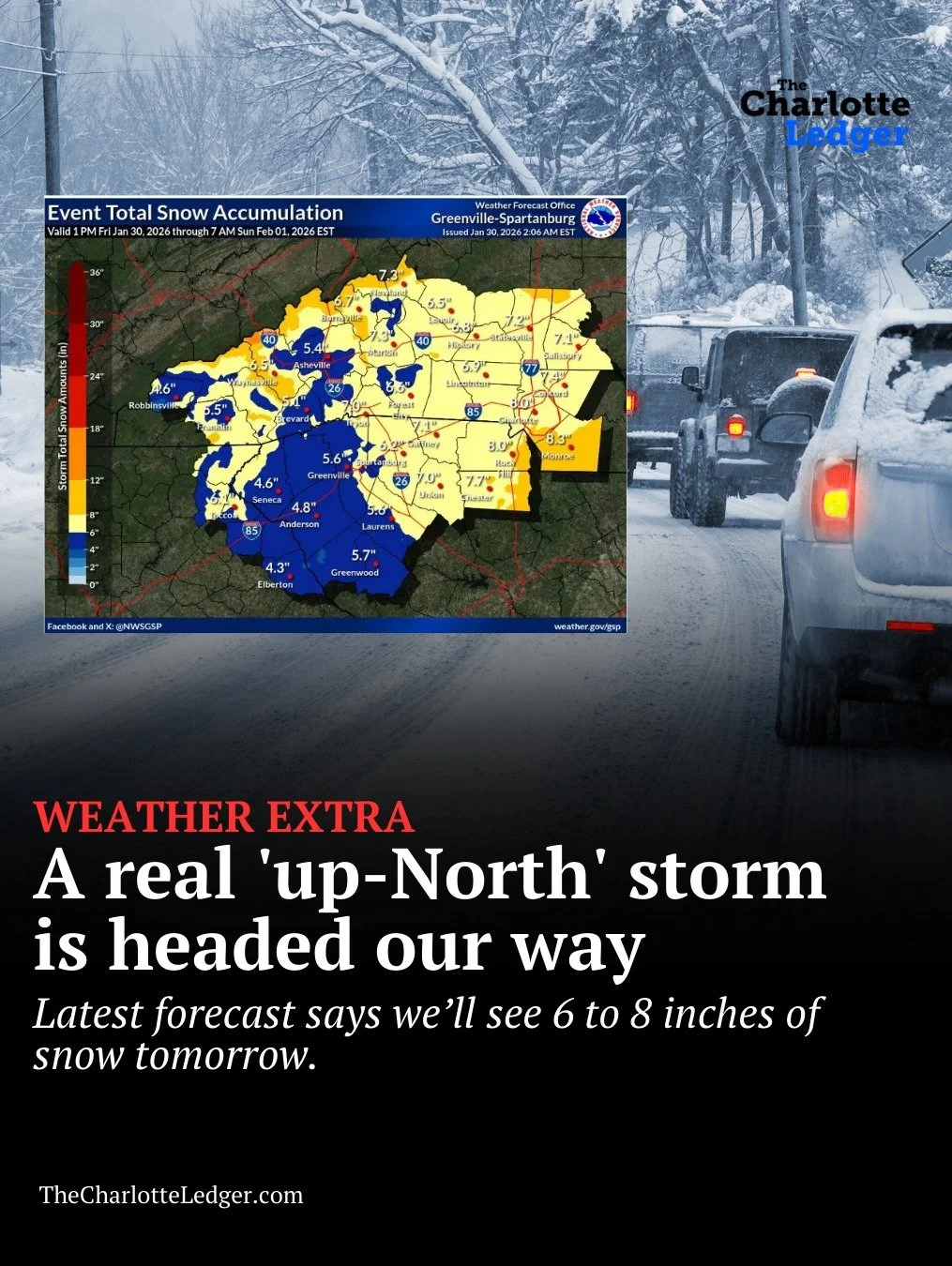 ❄️ Weather Extra: This isn&rsquo;t your typical Carolina &ldquo;maybe it sticks&rdquo; situation. Forecasters now expect 6&ndash;8 inches of snow to fall overnight into Saturday, with cold air, gusty winds and drifting &mdash; the kind of storm anyon
