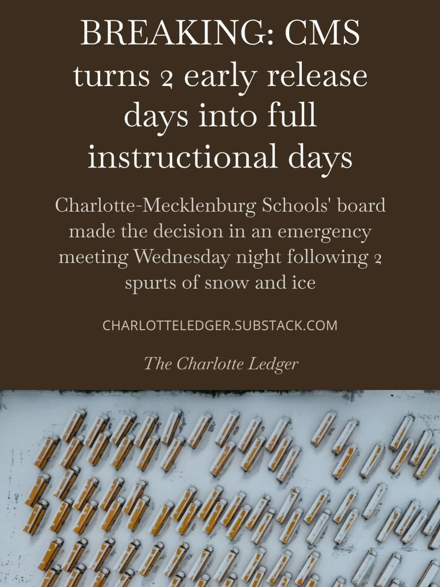 🏫 Charlotte-Mecklenburg Schools will turn 2 early-release days &mdash; Feb. 11 and April 29 &mdash; into full student instruction days to make up the hours lost from recent winter storms.

Full story by @lindseybanks in The Charlotte Ledger.