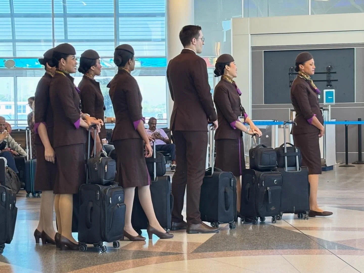 ✈️ NEW FLIGHT: @etihad flight attendants wait to board the first-ever flight between Charlotte and Abu Dhabi on Friday. The flight went off without a hitch but was not full, and the airport did not hold a ceremony marking the occasion. 

Etihad stuck
