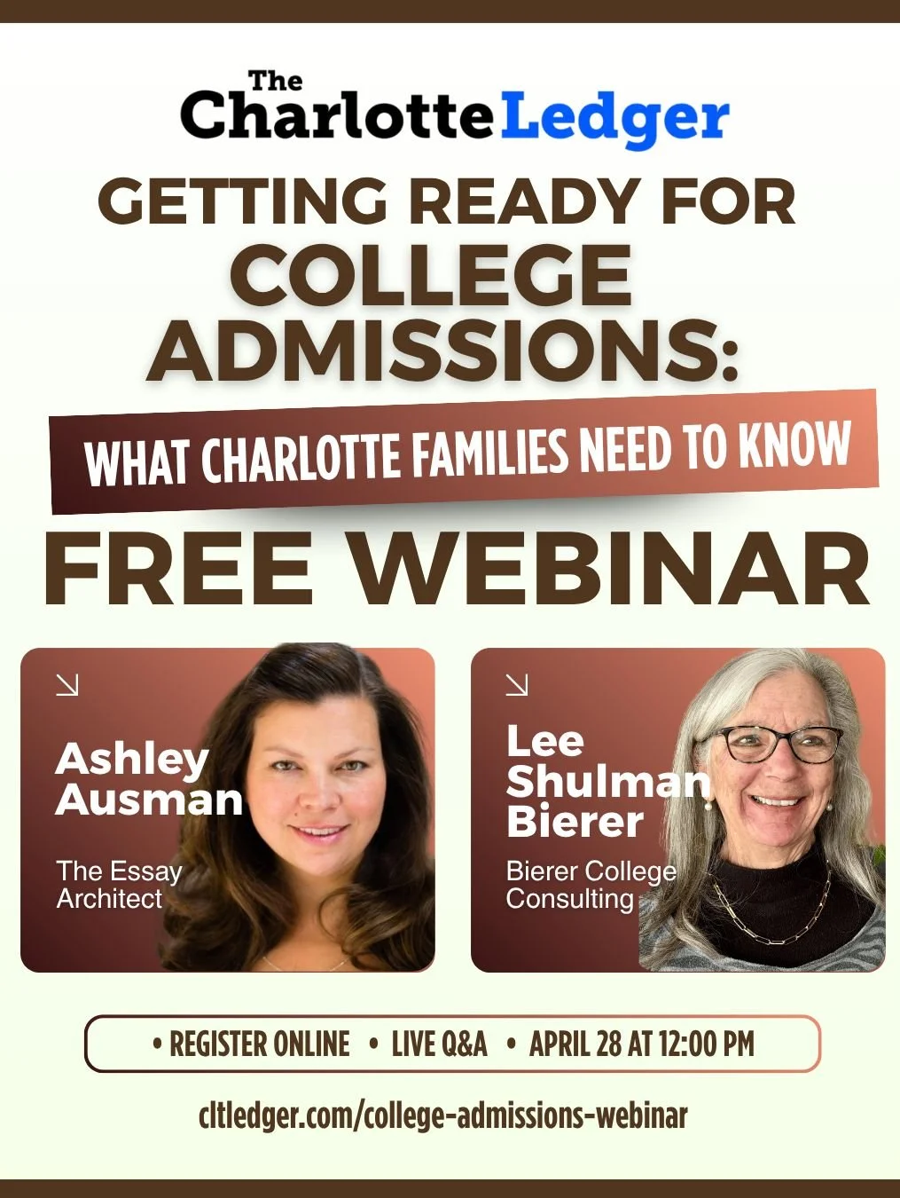 Charlotte parents&mdash;feeling unsure about today&rsquo;s college admissions process? You&rsquo;re not alone.

🗓 April 28 | 12&ndash;1 PM
🎓 Expert-led insights + live Q&amp;A
📌 Learn what actually matters and how your student can stand out

Can&r