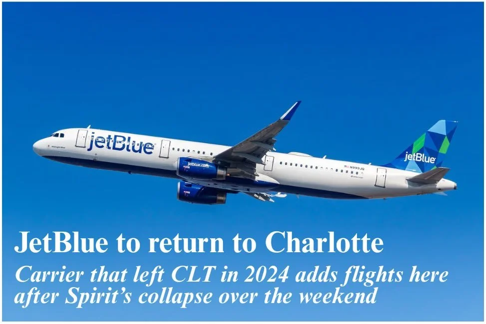 ✈️ CLT AIRLINE SHAKEUP: After Spirit Airlines abruptly shut down on Saturday, JetBlue is stepping back in, announcing a return to CLT this July with three daily nonstop flights to Fort Lauderdale.

It&rsquo;s a comeback after JetBlue pulled out in 20