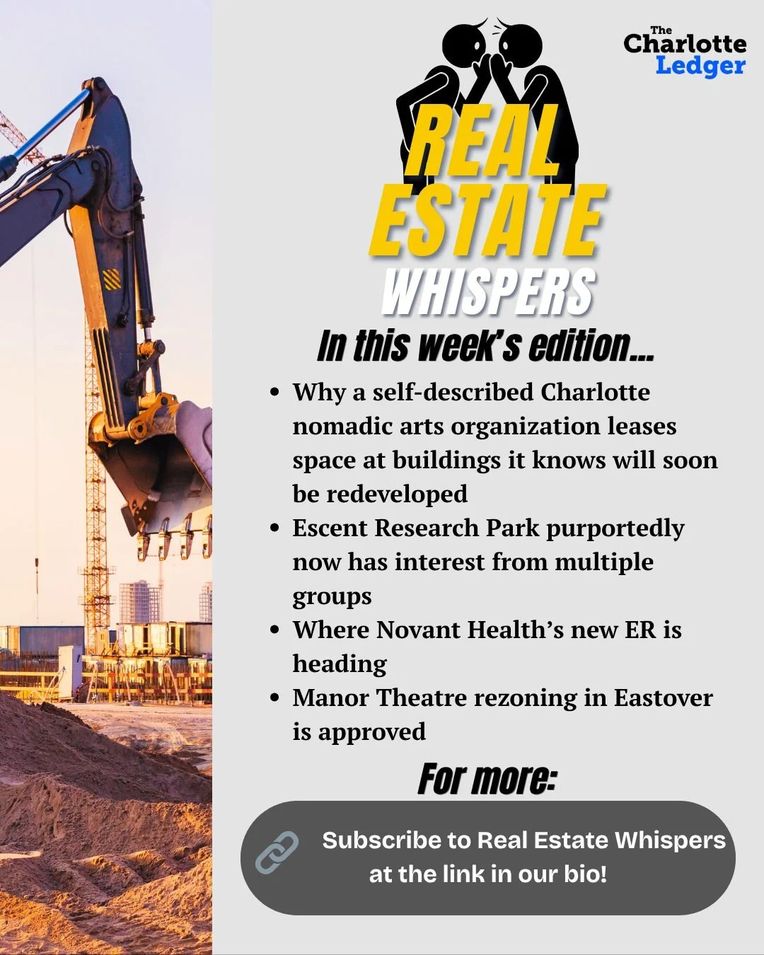 If you're the type of person who loves knowing what&rsquo;s happening in Charlotte before the construction crews even show up, you need to be reading Real Estate Whispers.

Every week, we drop the exclusive development scoops, zoning changes, and com