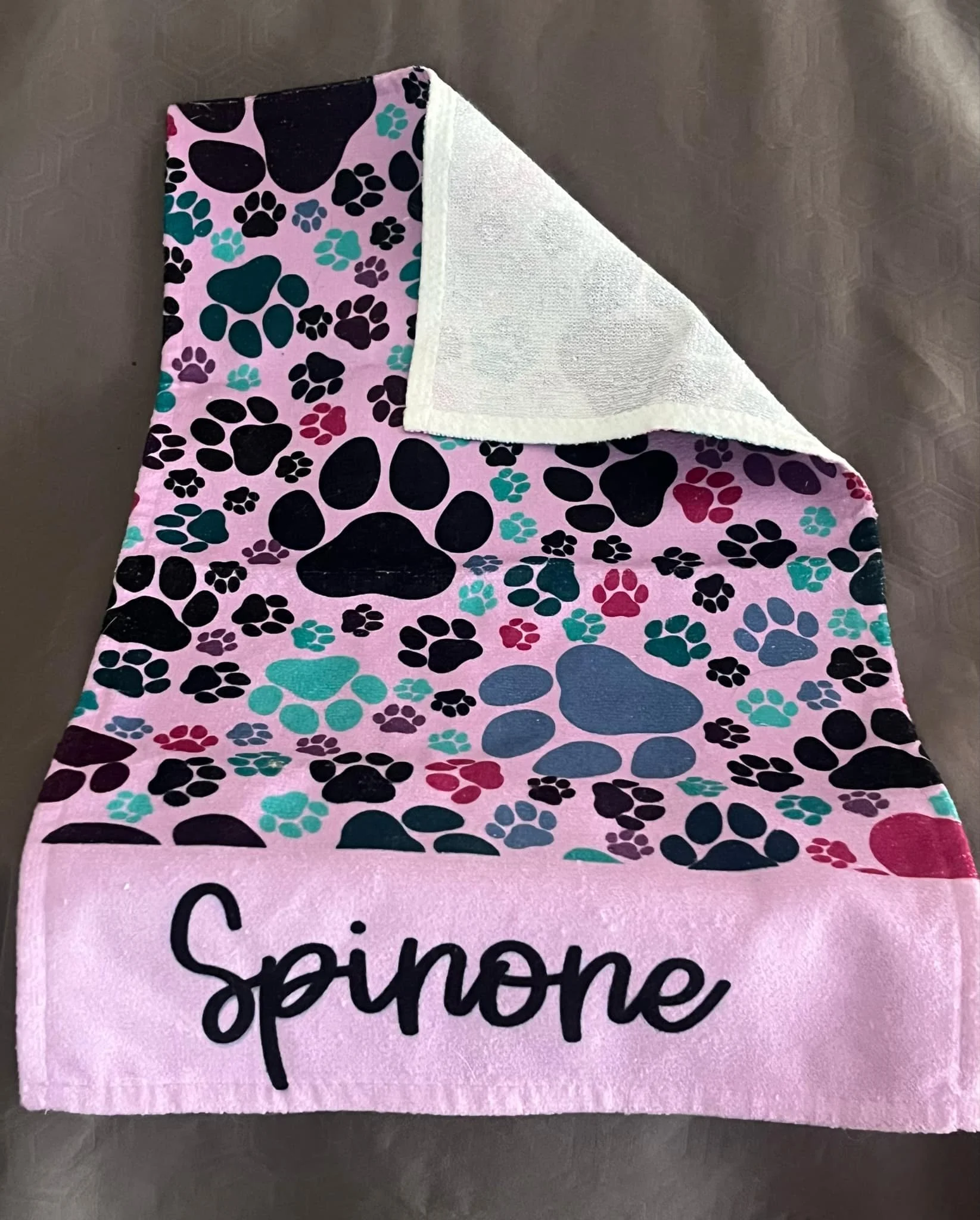 Pawprint Lavender Drool Towel showing back side - Spinone or Dog Call Name.jpg