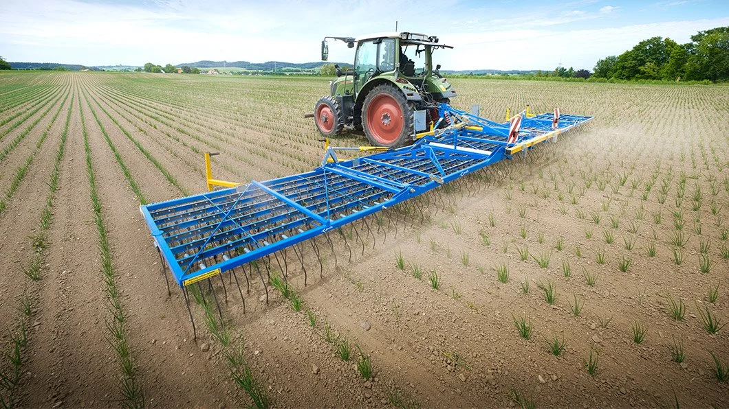 Un tracteur agricole en train de travailler un champ avec un cultivateur mécanique. Le champ est cultivé avec des jeunes plants de culture.