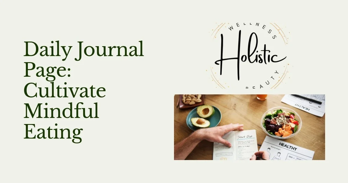 A journal page titled 'Daily Journal Page: Cultivate Mindful Eating' with a bowl of salad and sliced avocado on a wooden table, along with a pamphlet about healthy eating and a person's hand pointing at a 'Start Diet' worksheet.