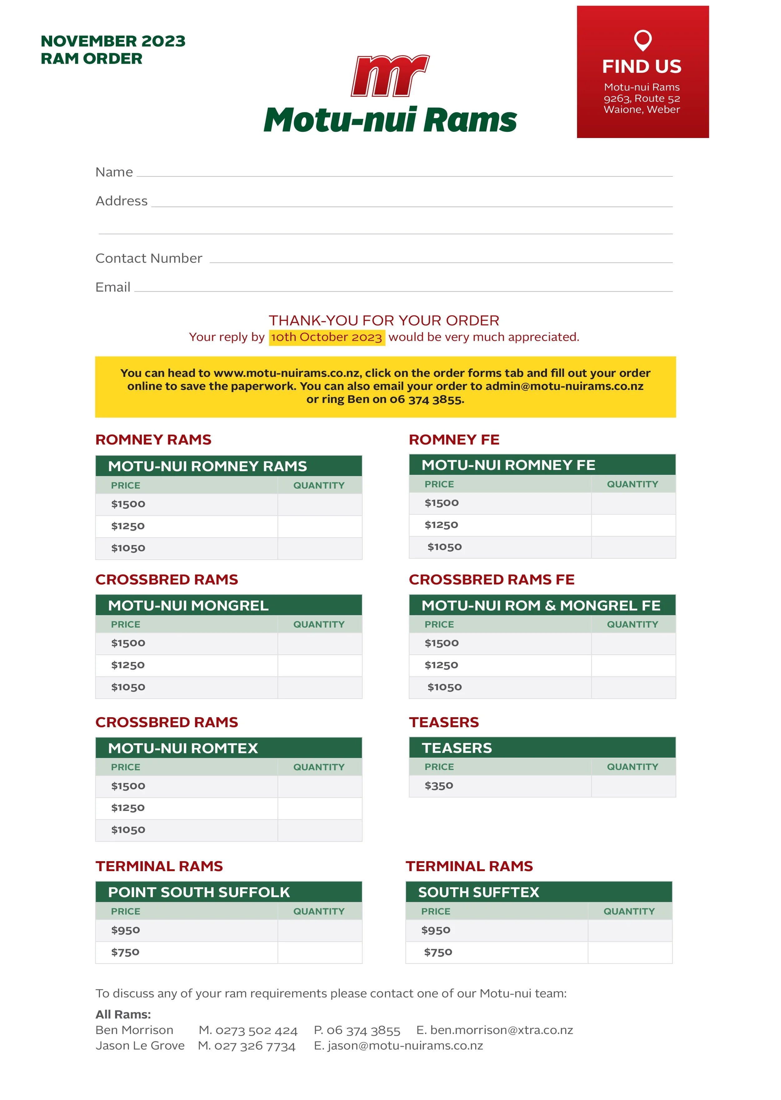 Order Forms — Motu-Nui Rams