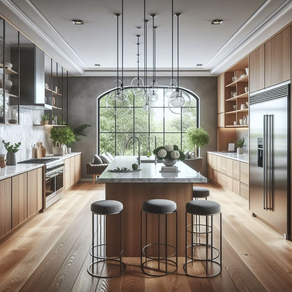 Modern kitchen with wooden cabinetry, marble countertops