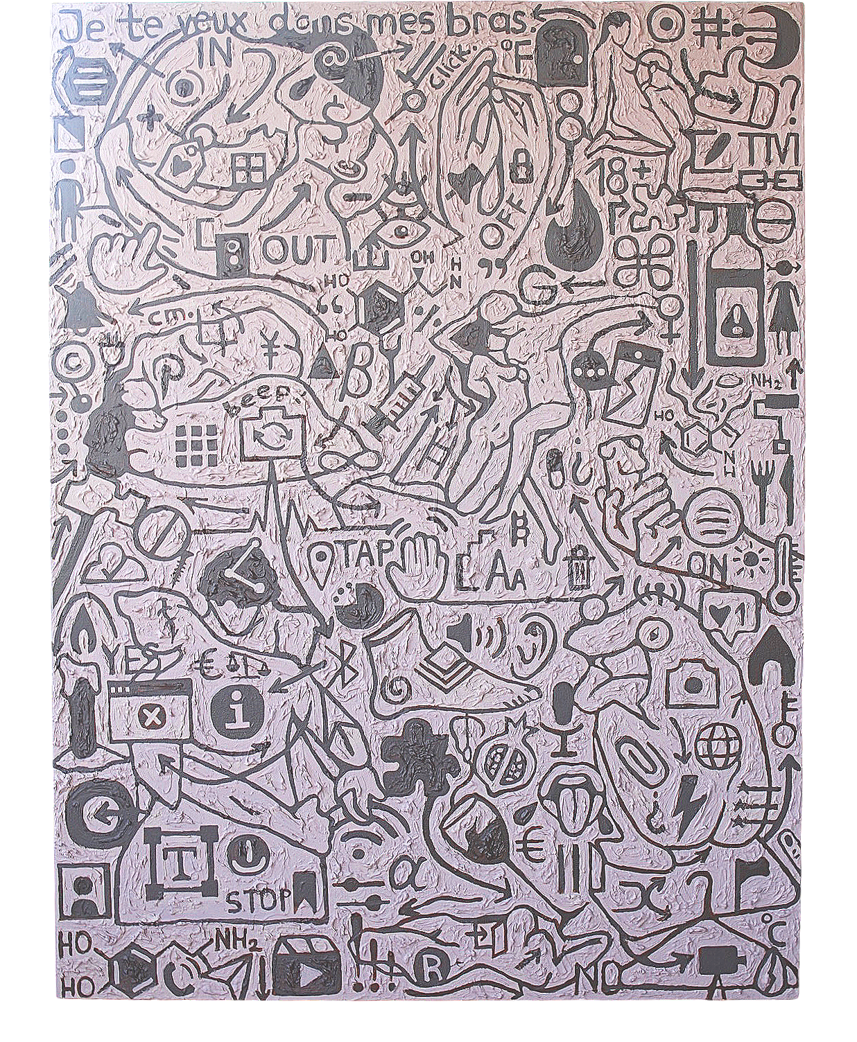 A complex hand-drawn illustration filled with numerous doodles, symbols, arrows, and writings in French and English. The drawing appears abstract and chaotic, with musical notes, scientific symbols, icons, and small figures scattered throughout.