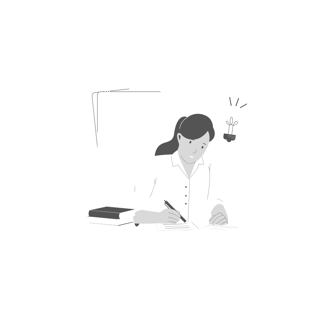 Illustration of a woman writing at a desk with books, a clipboard, and a light bulb symbolizing ideas.