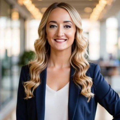 Professional woman smiling in business attire in an office setting