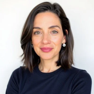 Portrait of a woman with dark hair wearing a black top and earrings, smiling slightly against a plain white background.