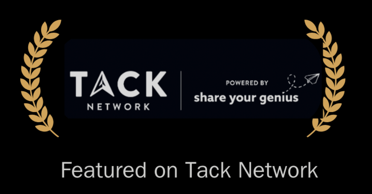 Black badge with text 'Tack Network powered by share your genius,' surrounded by golden laurel branches, and the text 'Featured on Tack Network' at the bottom.